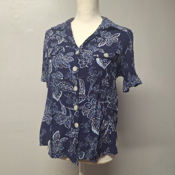 Drapers & Damons Crepe Shirt Blue Blouse Button Down Floral Womens Medium - Picture 7 of 7